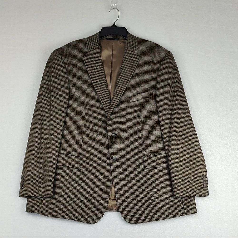 Joseph & Feiss Mens Brown 100% Lambswool Houndstooth Two Button Blazer Sport Coa